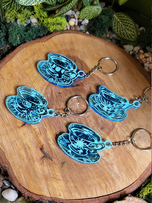 Blue and Faux Silver Flake Teacup Keychain