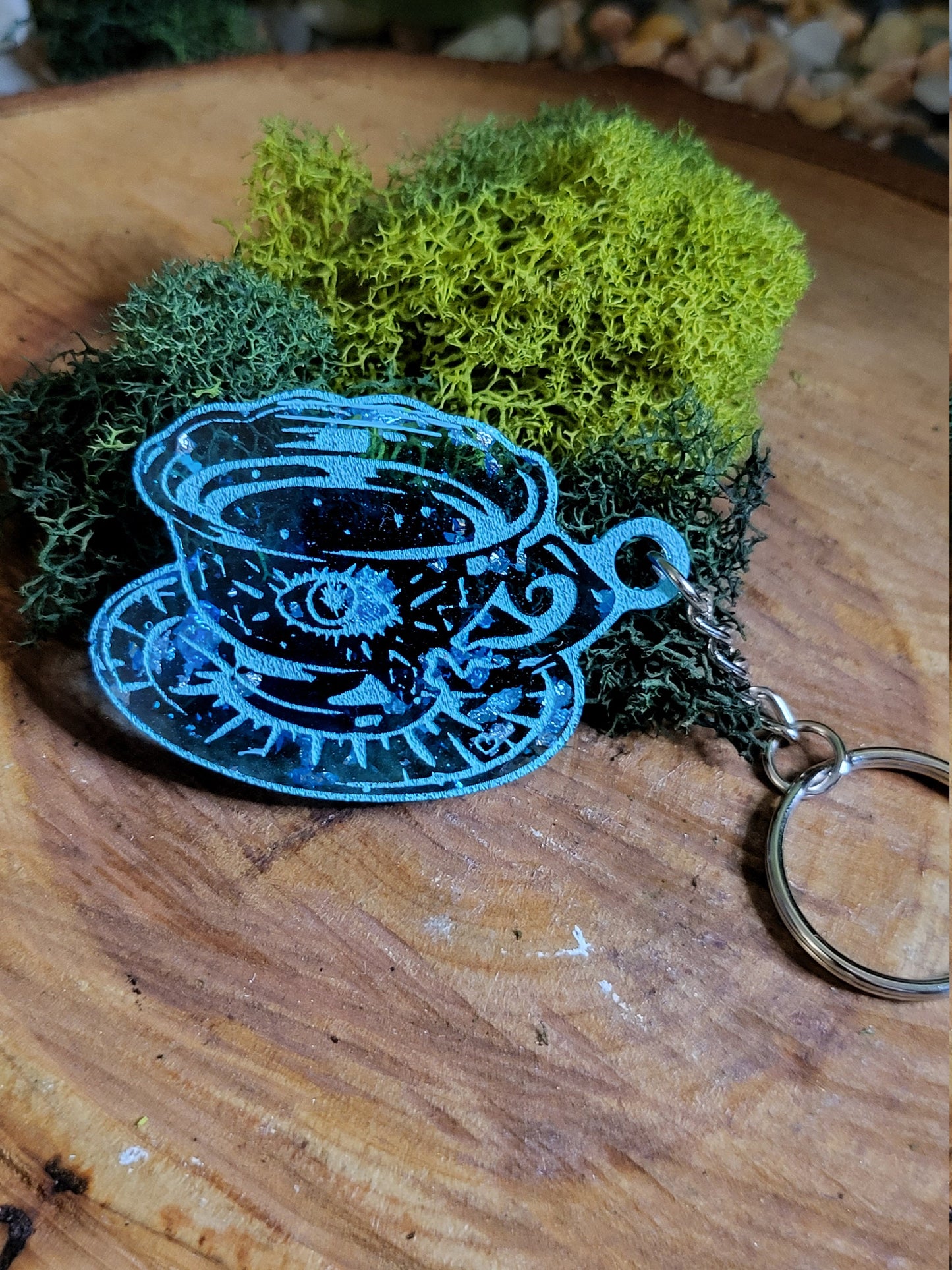 Blue and Faux Silver Flake Teacup Keychain
