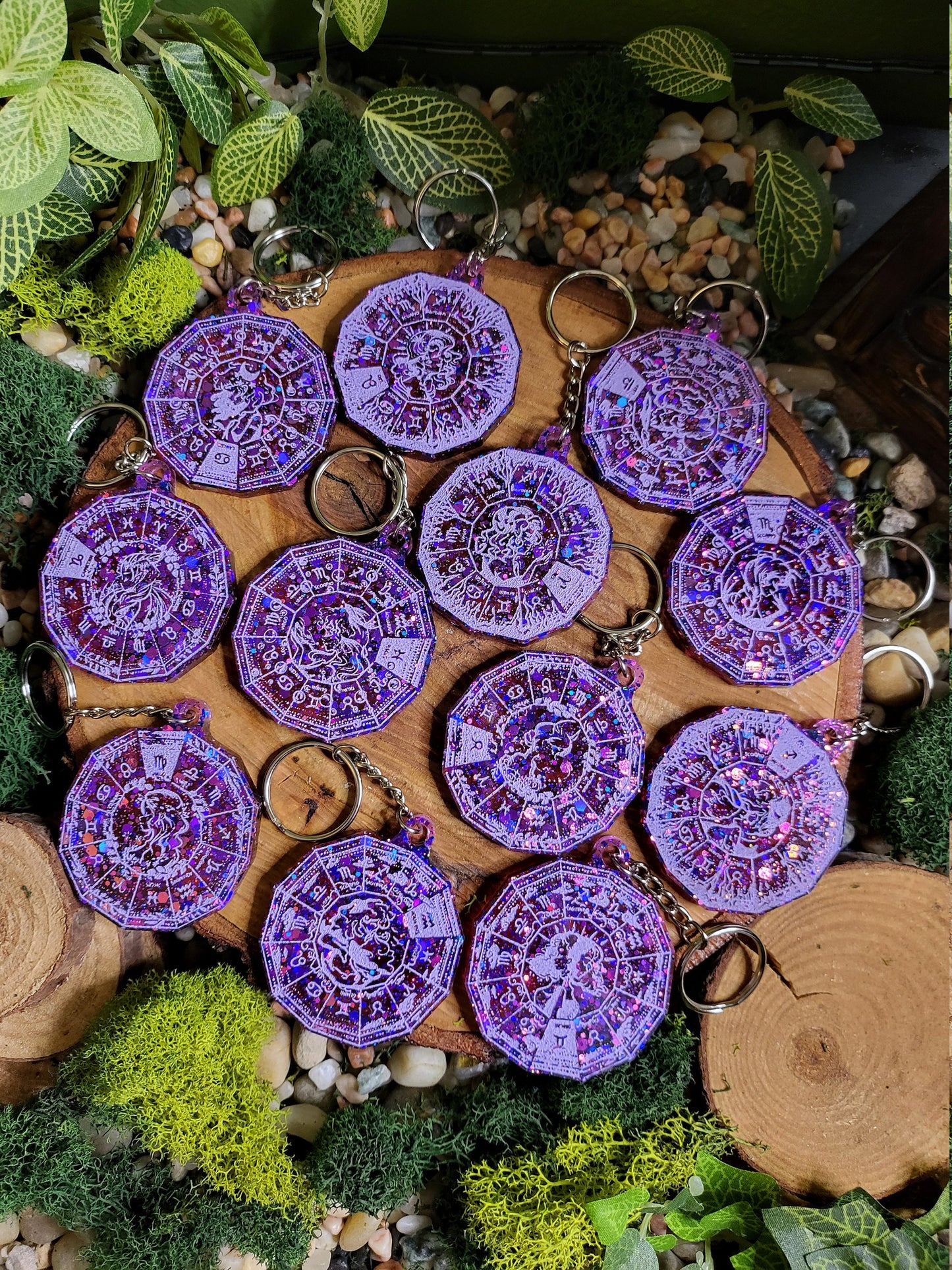Purple and Red Astrological Wheel Keychains