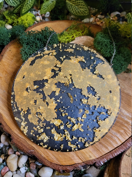 Black and Faux Gold Flakes with Gold Outline Full Moon Wall Hanging