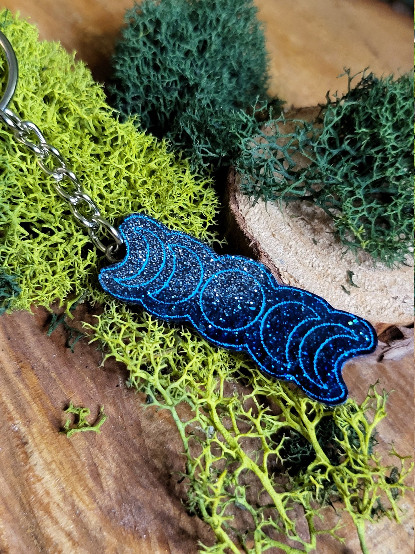 Blue Glitter Moon Phase Small Keychain