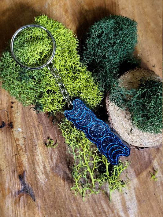 Blue Glitter Moon Phase Small Keychain