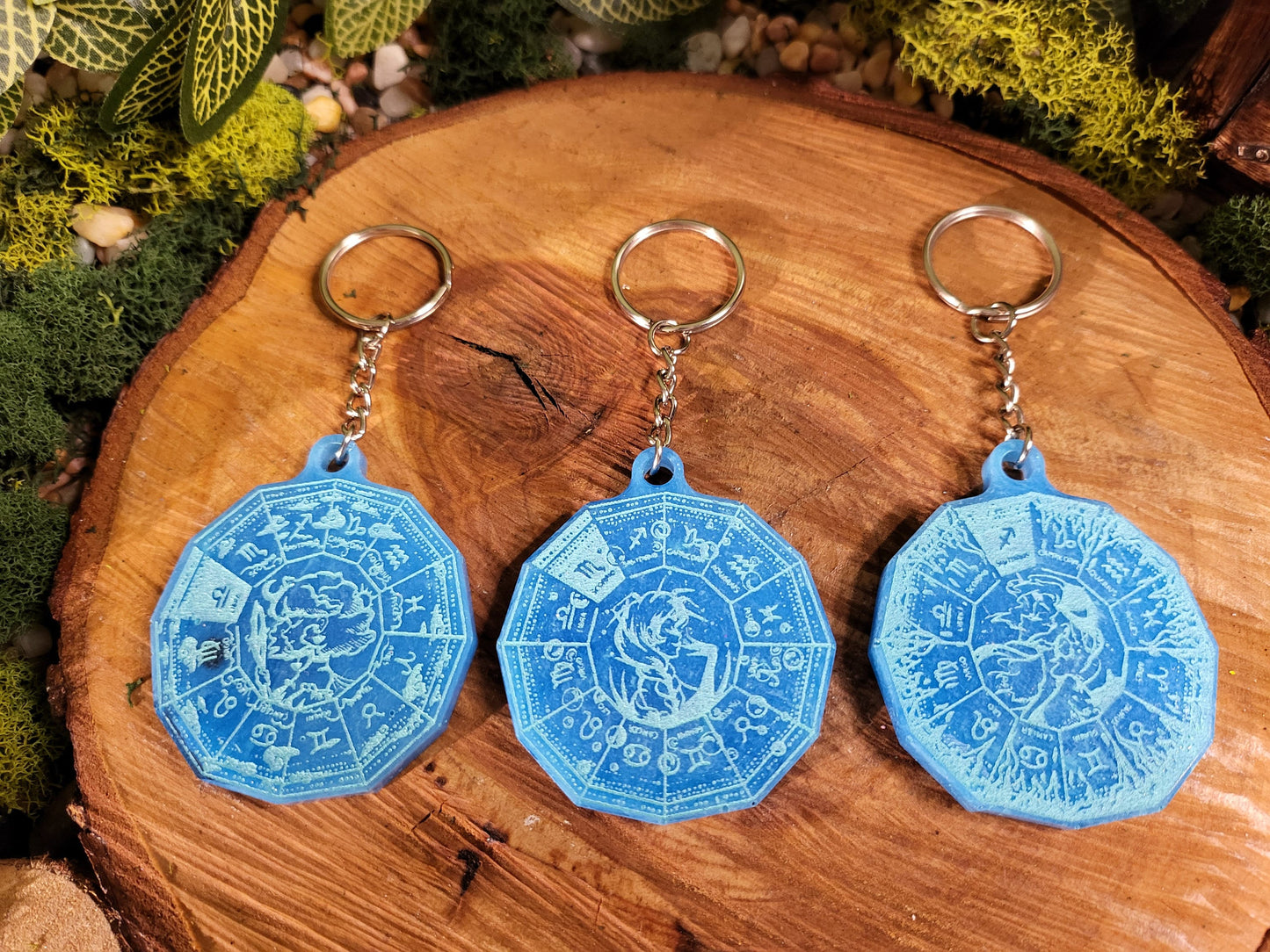 Teal Blue Astrological Wheel Keychains