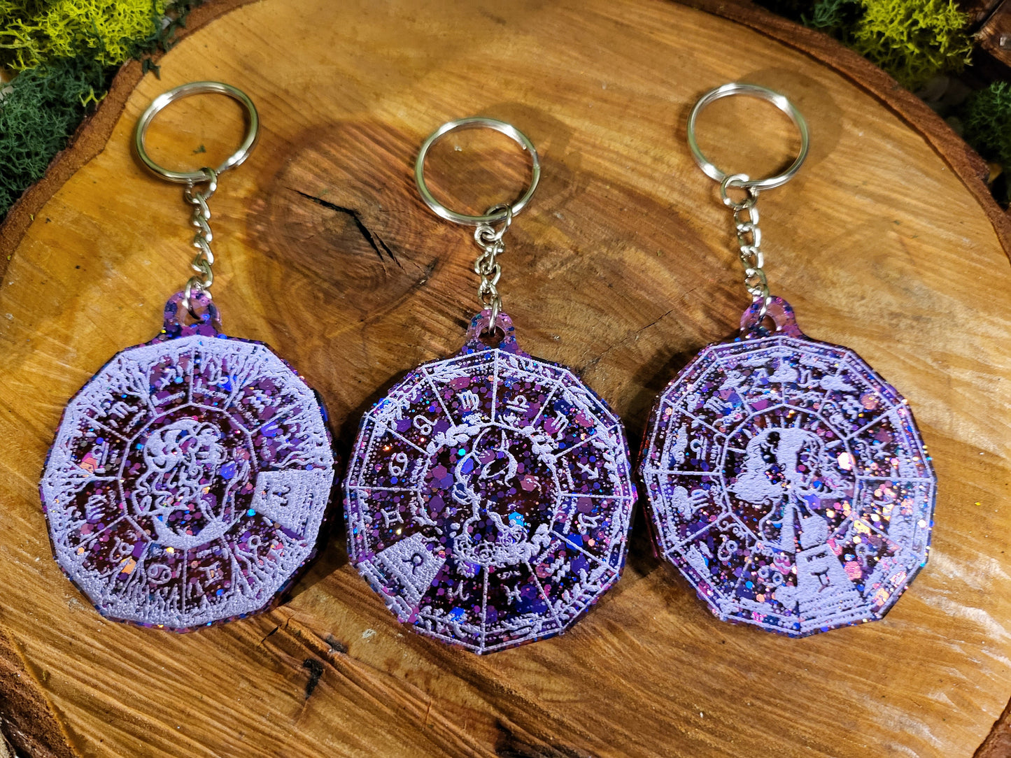 Purple and Red Astrological Wheel Keychains