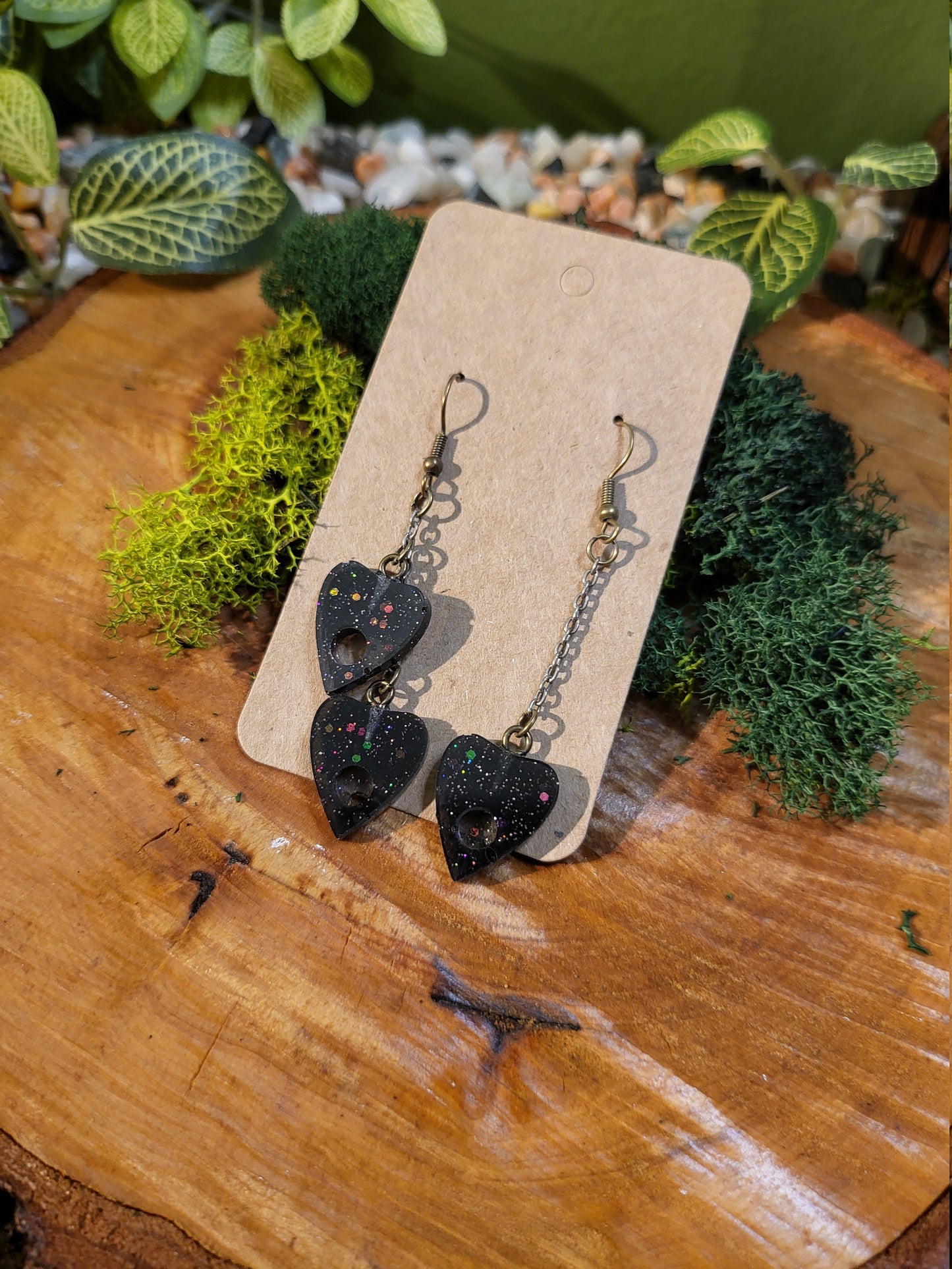 Black Glitter Dangle Planchette Earrings