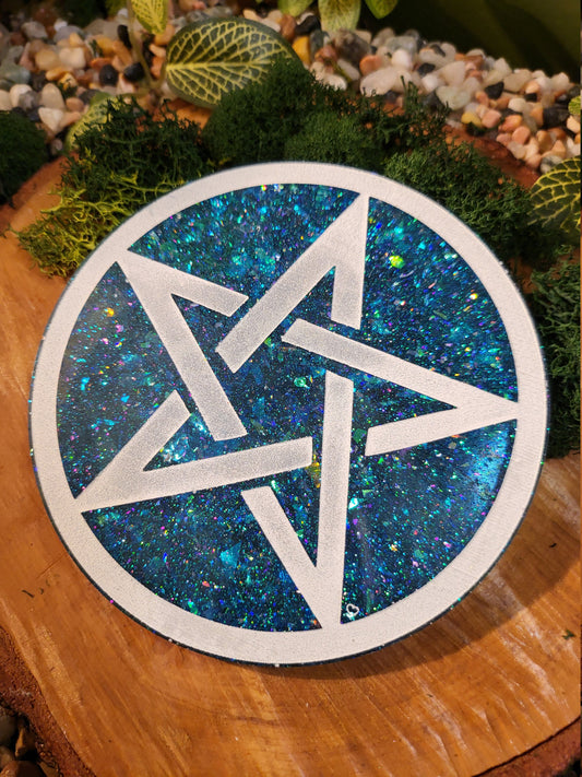 Blue Holographic Glitter with White Outline Pentagram Plate
