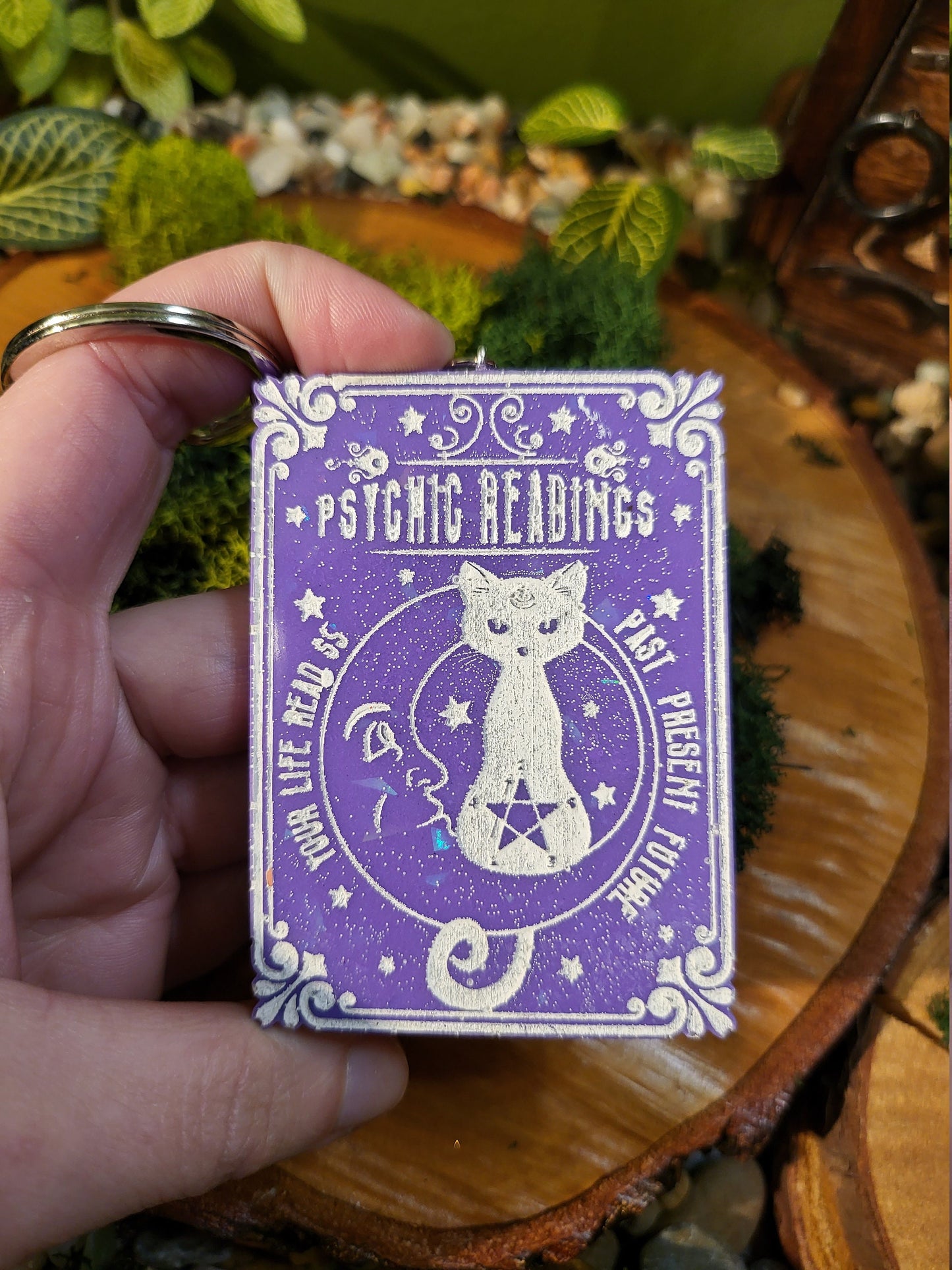 Purple and White Psychic Reading Cat Keychain