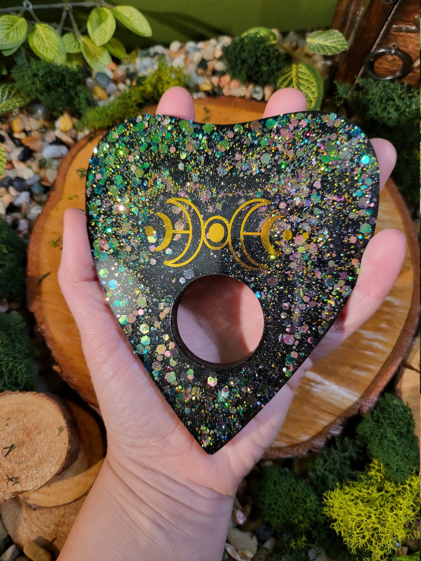 Green to Purple Glitter and Black Ouija Planchette, Gold Moon Phase