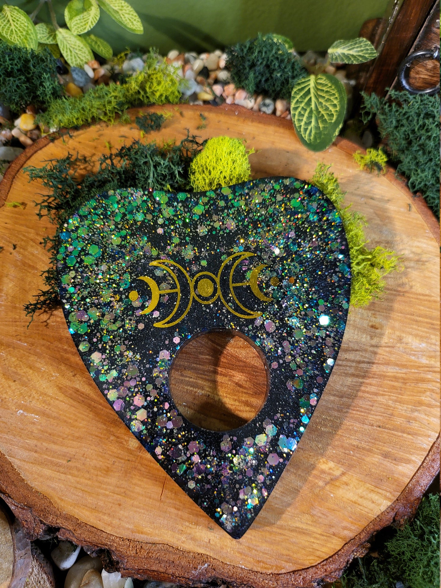 Green to Purple Glitter and Black Ouija Planchette, Gold Moon Phase