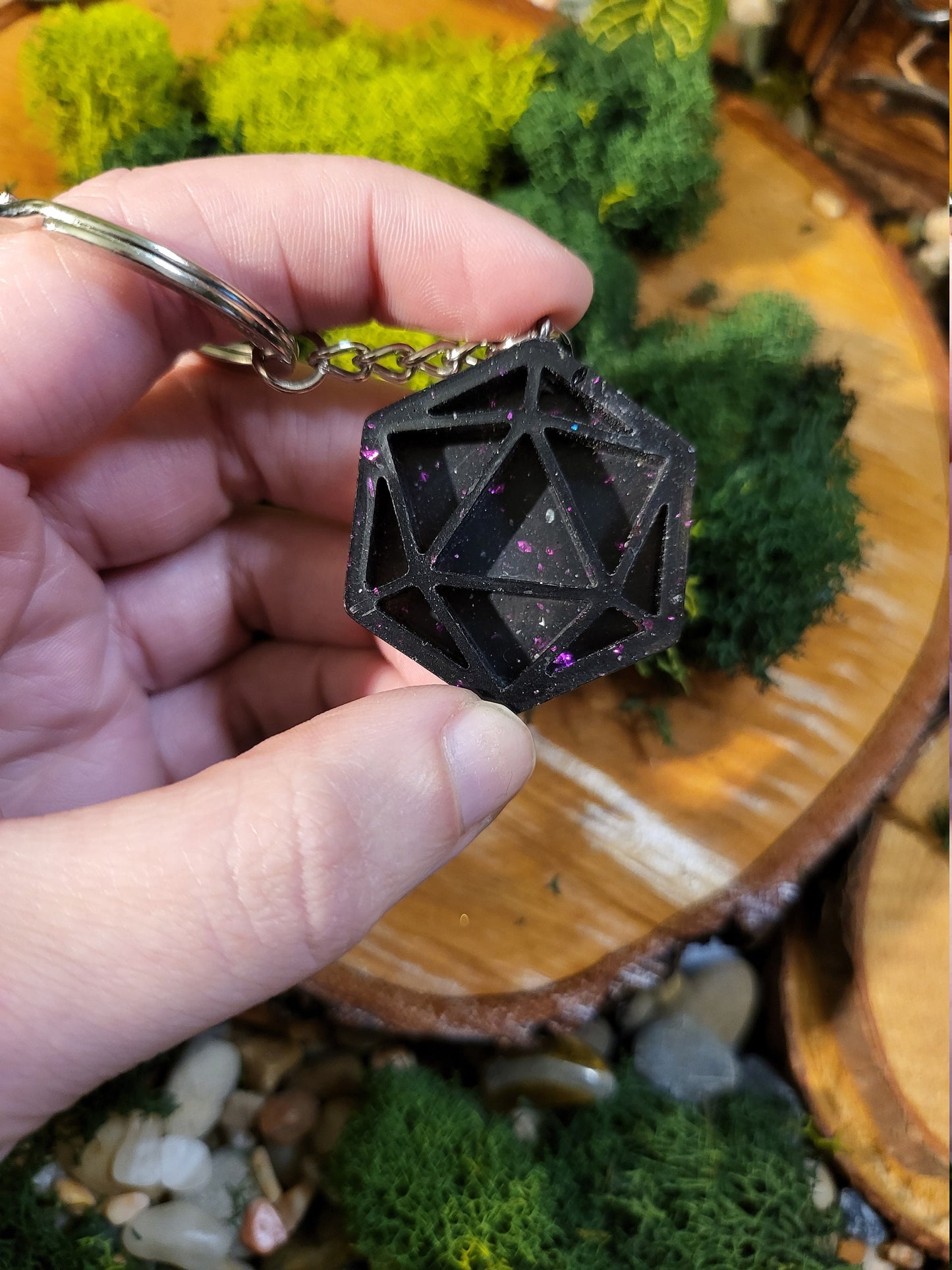 Black with Pink Glitter D20 Keychain