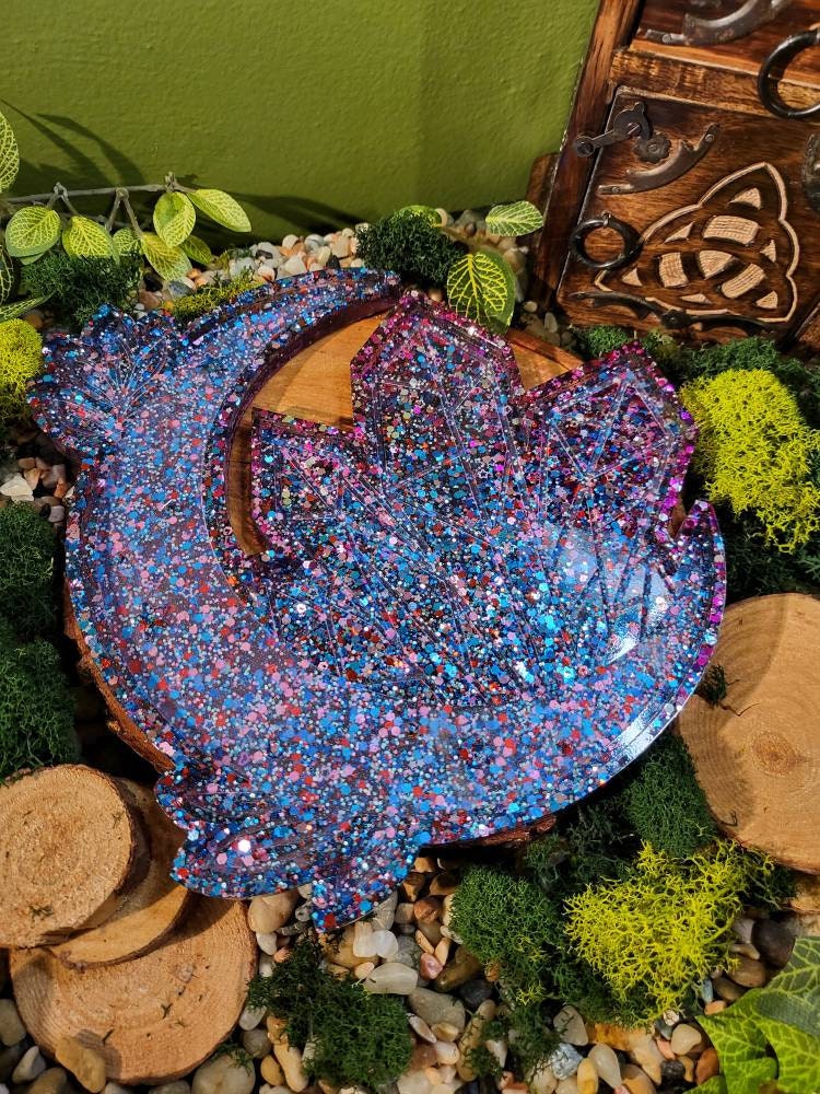 Blue Red Glitter Bomb Crescent Moon Tray, 10in Tray