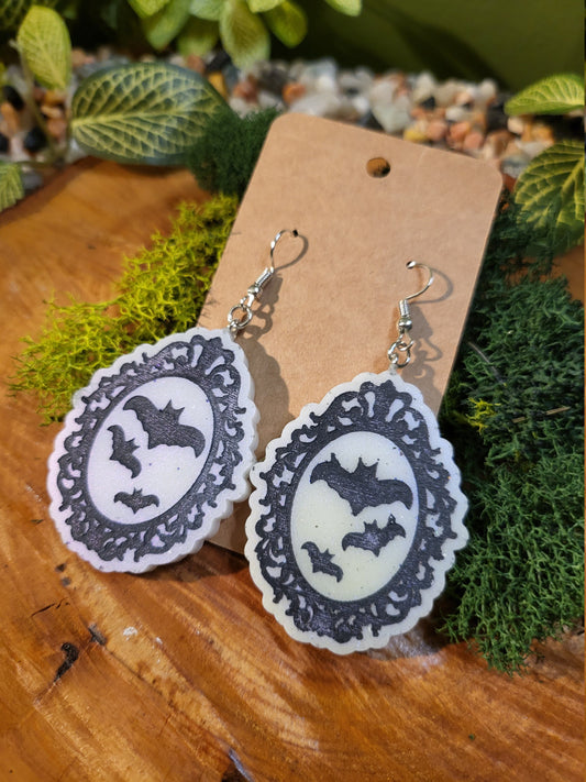 Bat Victorian Cameo Dangle Earrings