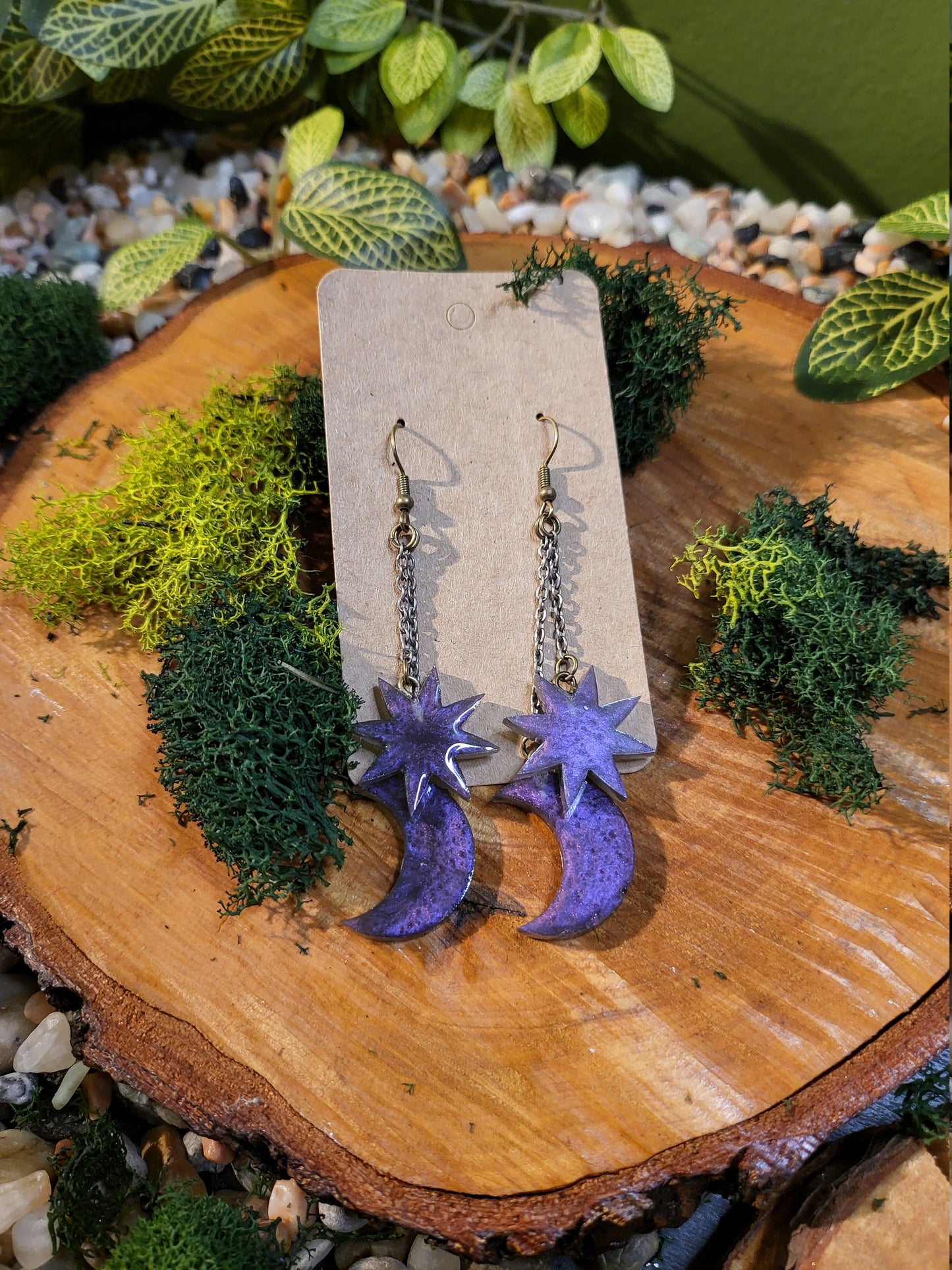 Purple Moon and Star Dangle Earrings