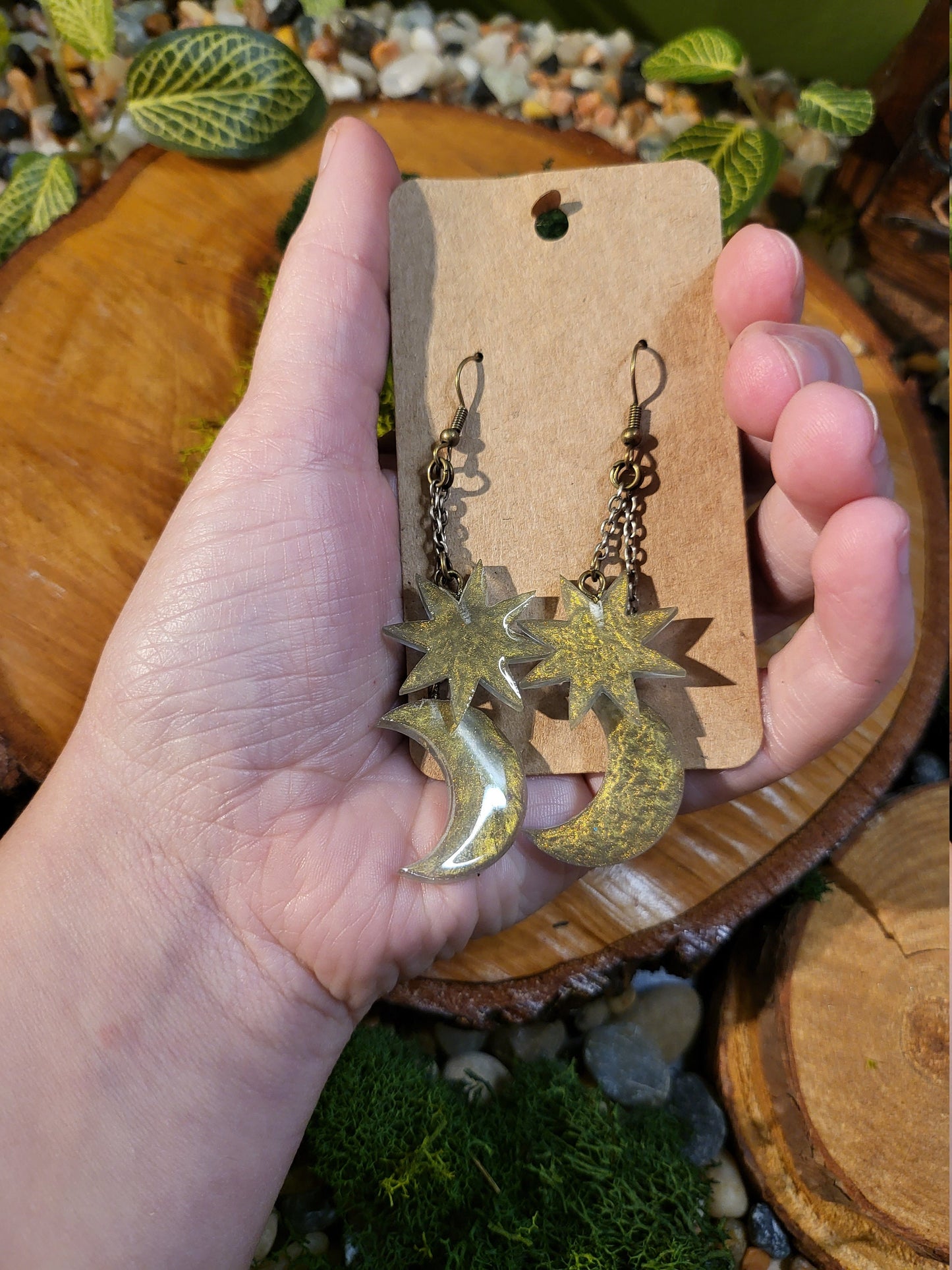 Gold Moon and Star Dangle Earrings