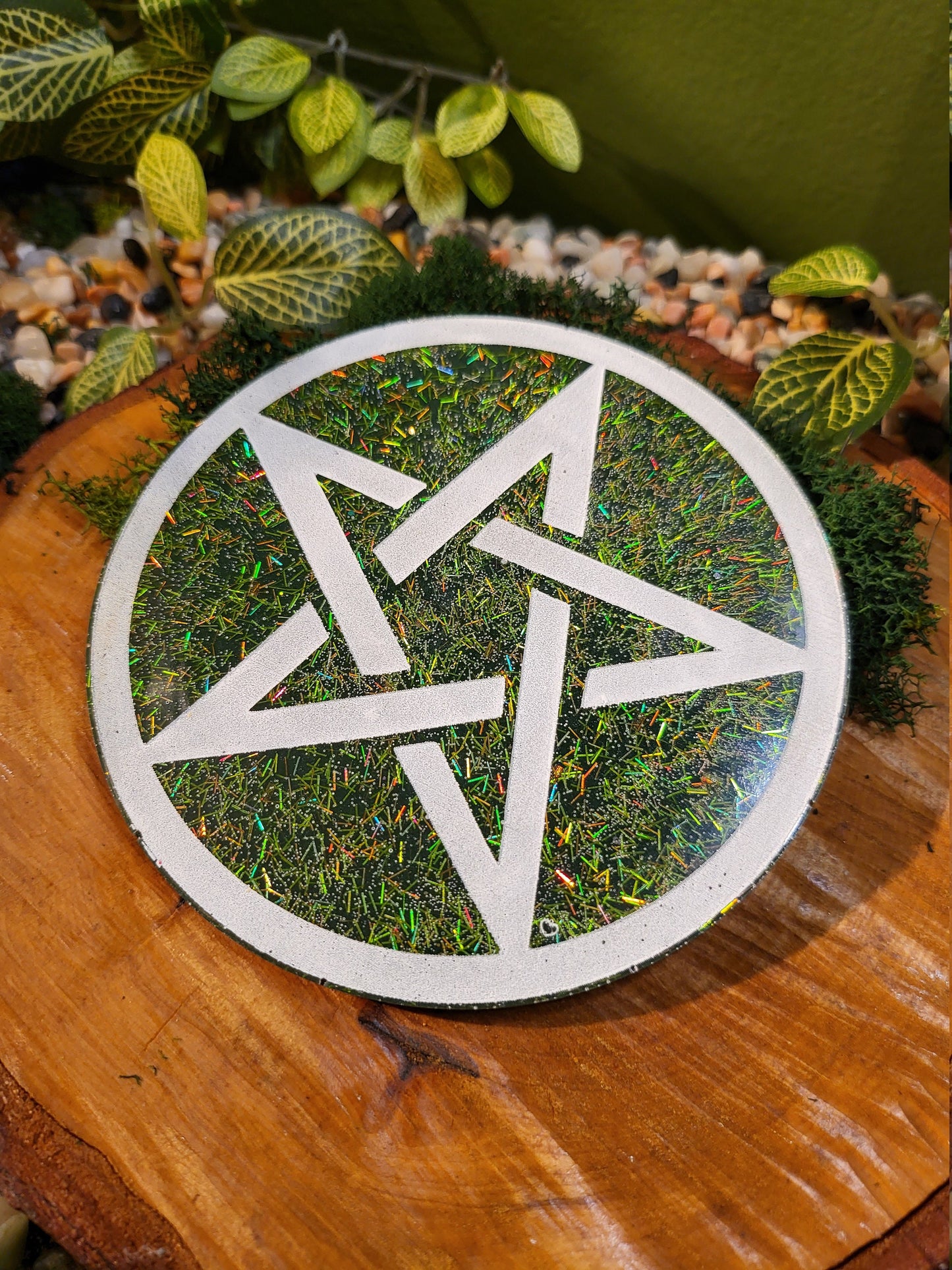 Green and Gold Holographic Glitter with White Outline Pentagram Plate