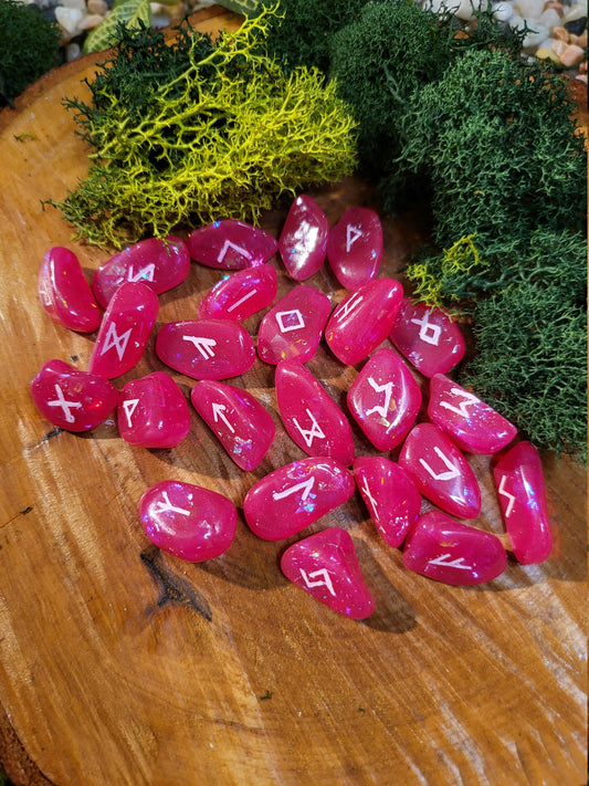 Hot Pink Holographic Flakes Norse / Elder Futhark Runes, Set of 24
