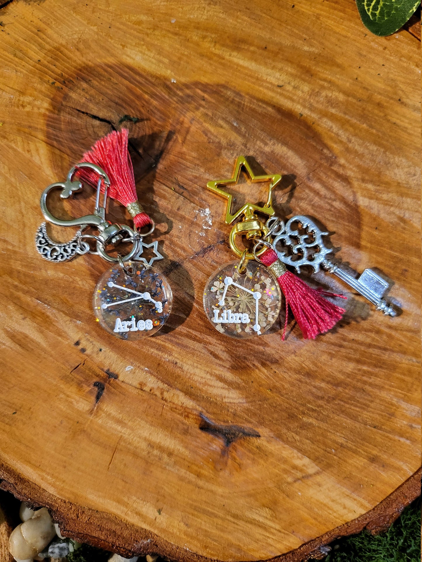 Botanical and Glitter Astrological Keychains with Charms