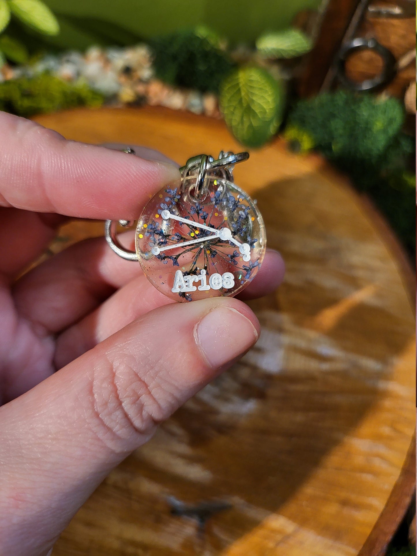 Botanical and Glitter Astrological Keychains with Charms
