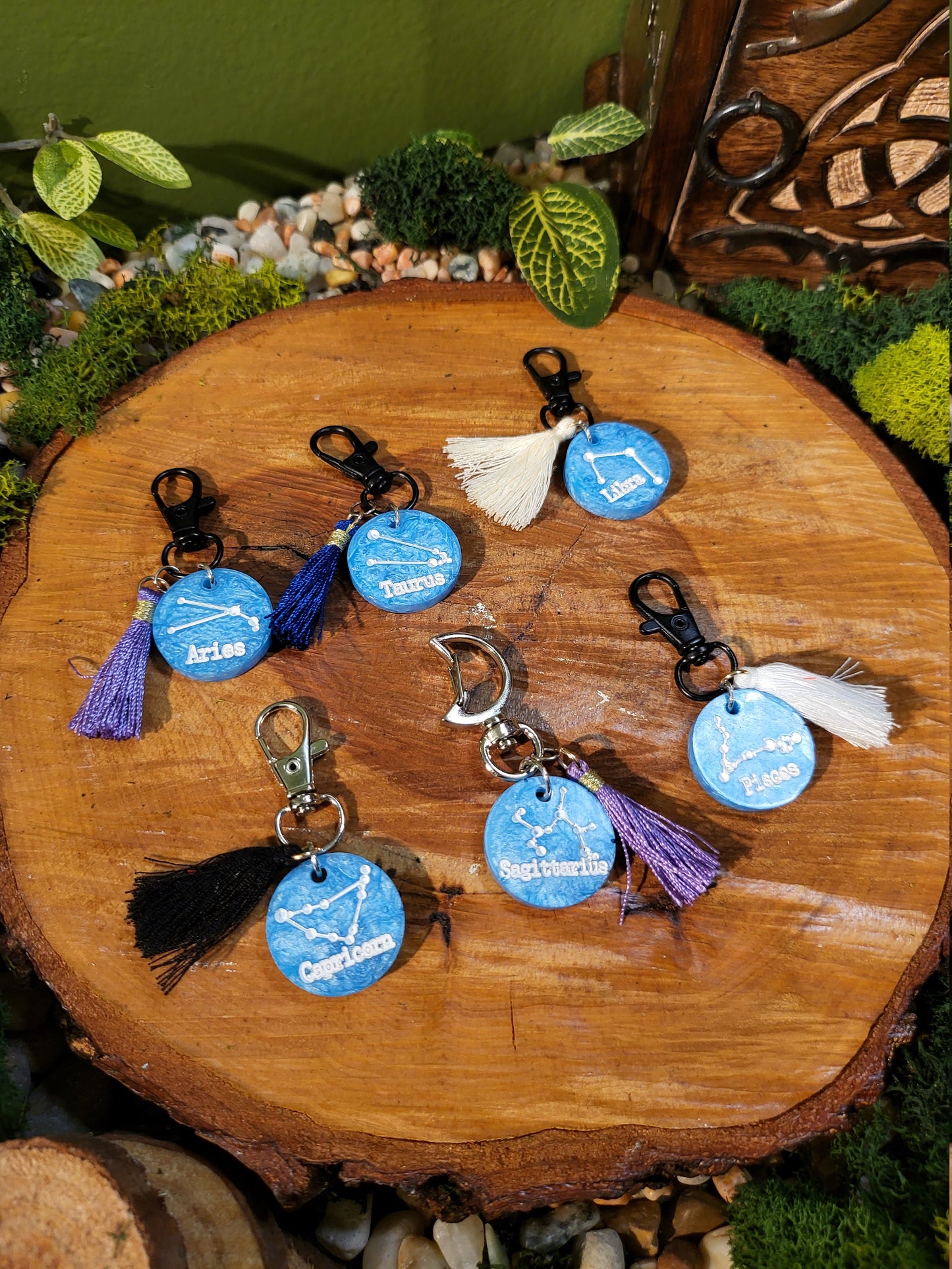 Light Blue and White Astrological Keychains with Charms