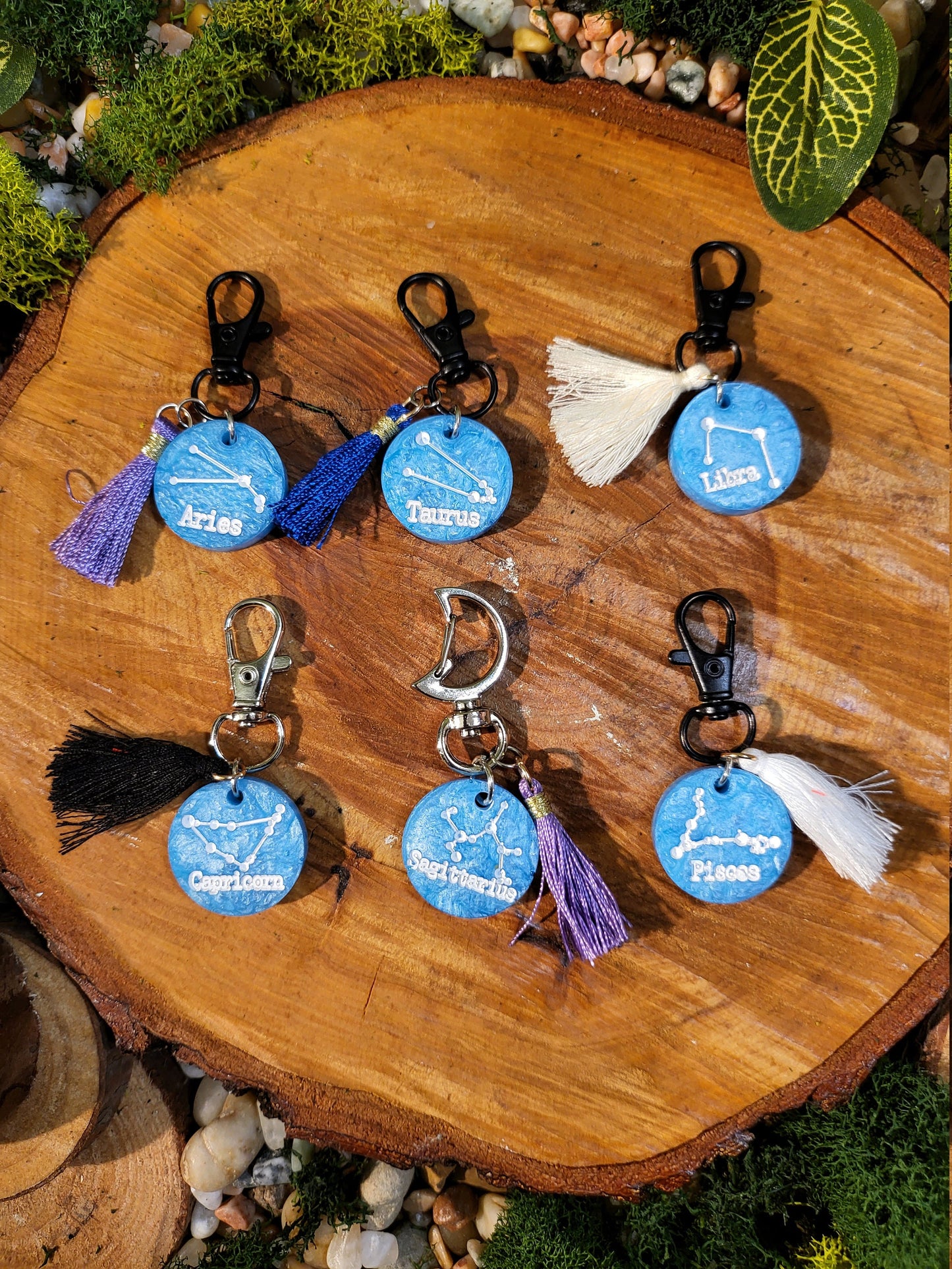 Light Blue and White Astrological Keychains with Charms