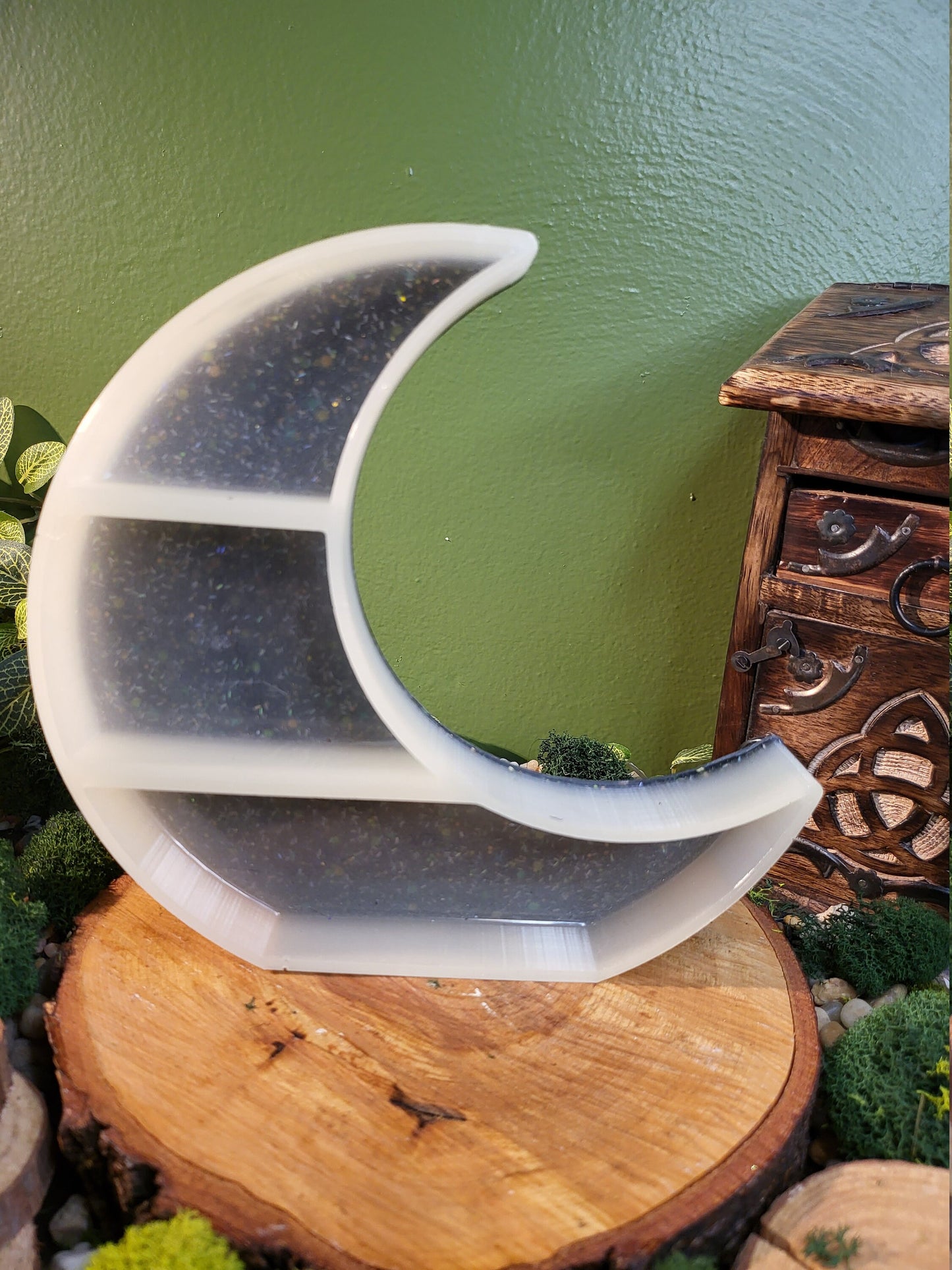 White and Black Glitter Crescent Moon Shelf, Crystal Display Shelf, Small Desk Shelf