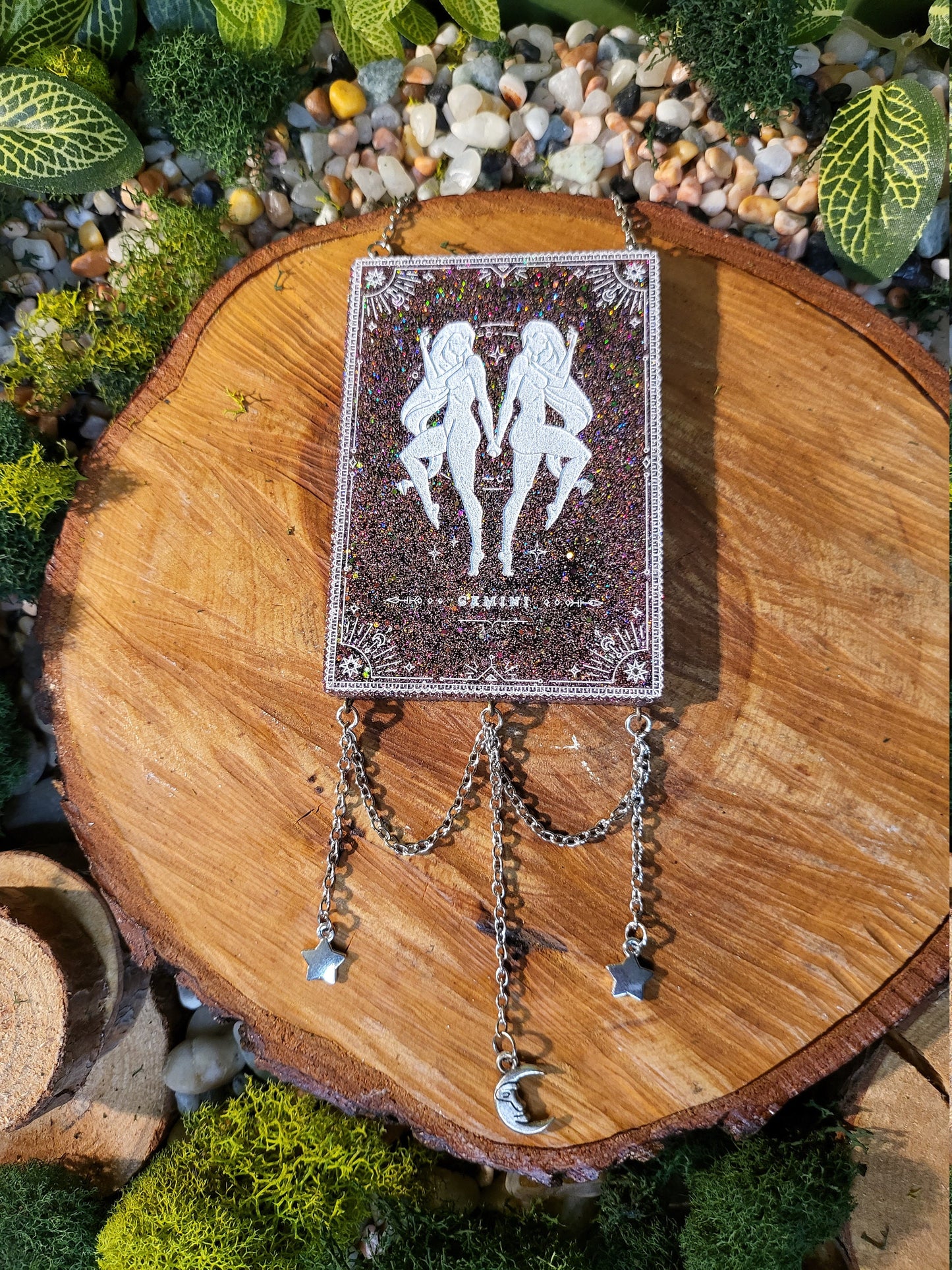 Gemini Pink Glitter and Black Wall Hanging with Moon and Stars Charms