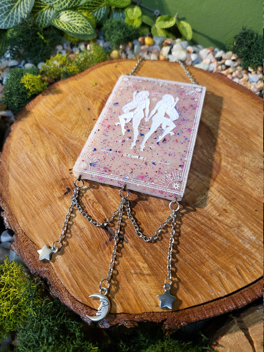 Gemini White Glitter to Magenta Solar Changing Wall Hanging with Moon and Stars Charms
