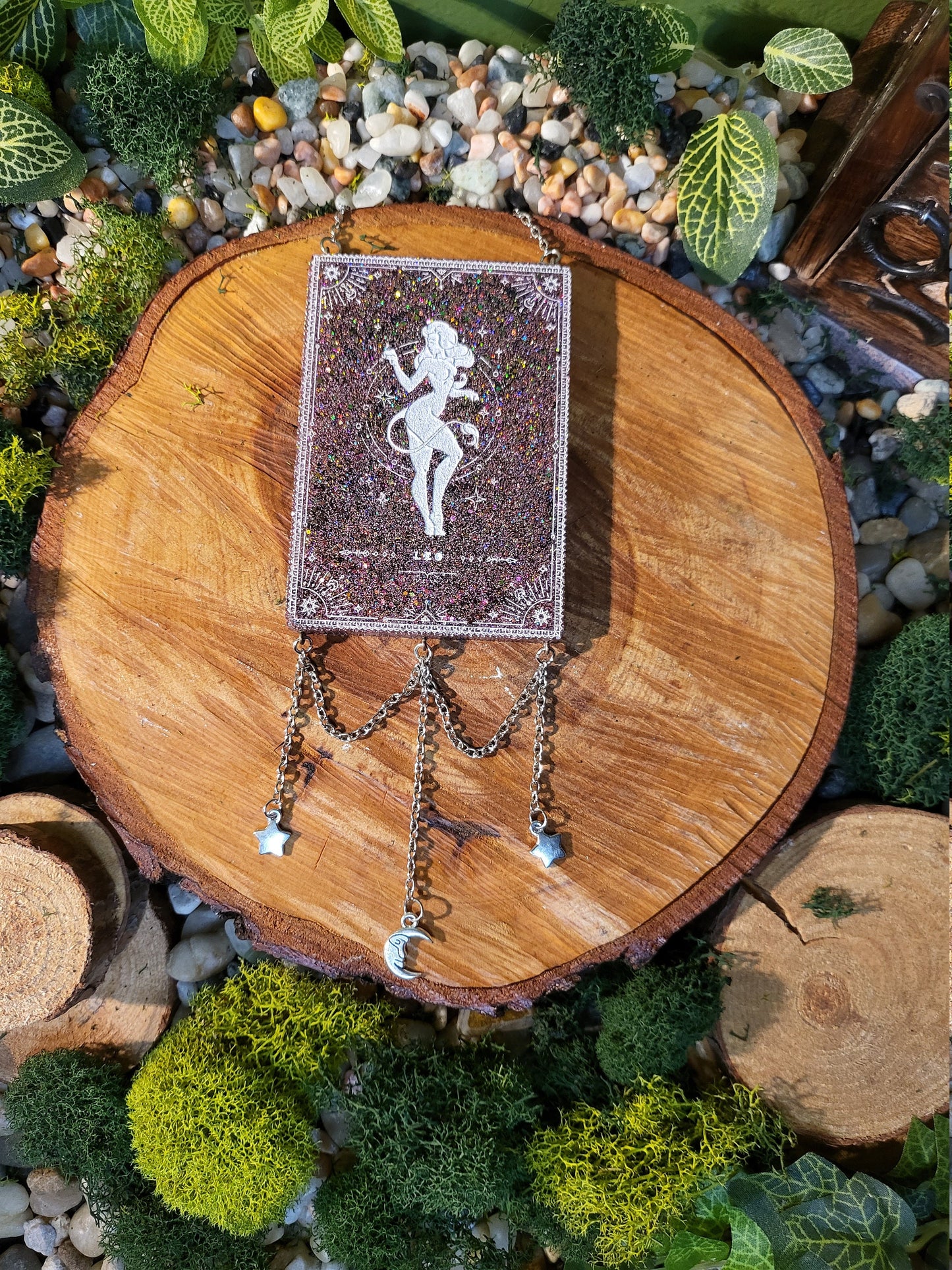 Leo Pink Glitter and Black Wall Hanging with Moon and Stars Charms