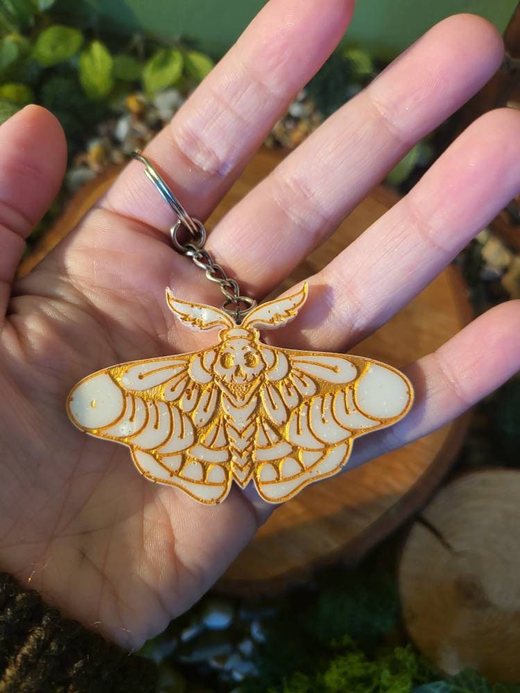 White and Gold Deathhead Moth Keychain