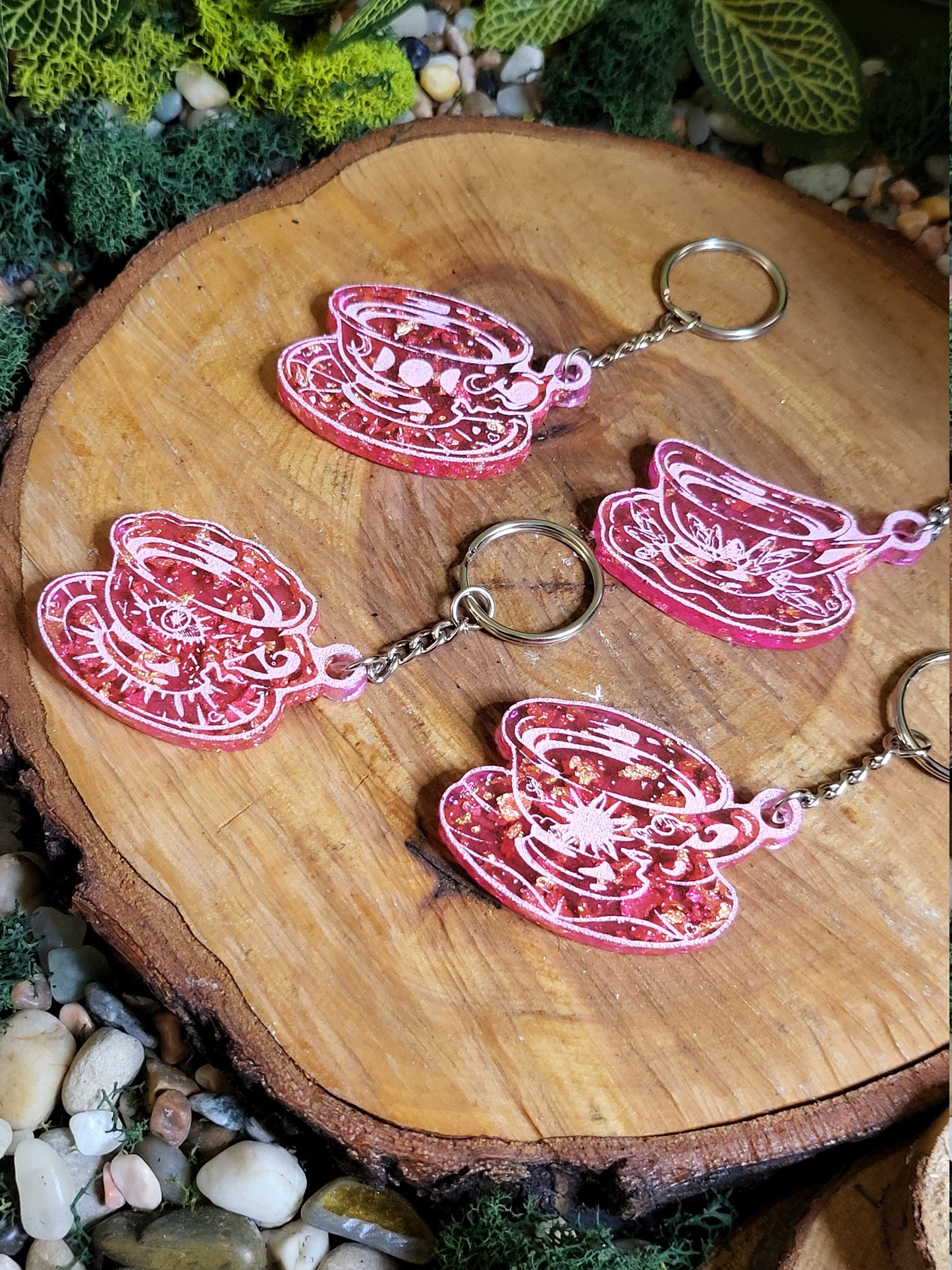 Pink and Faux Gold Flake Teacup Keychain