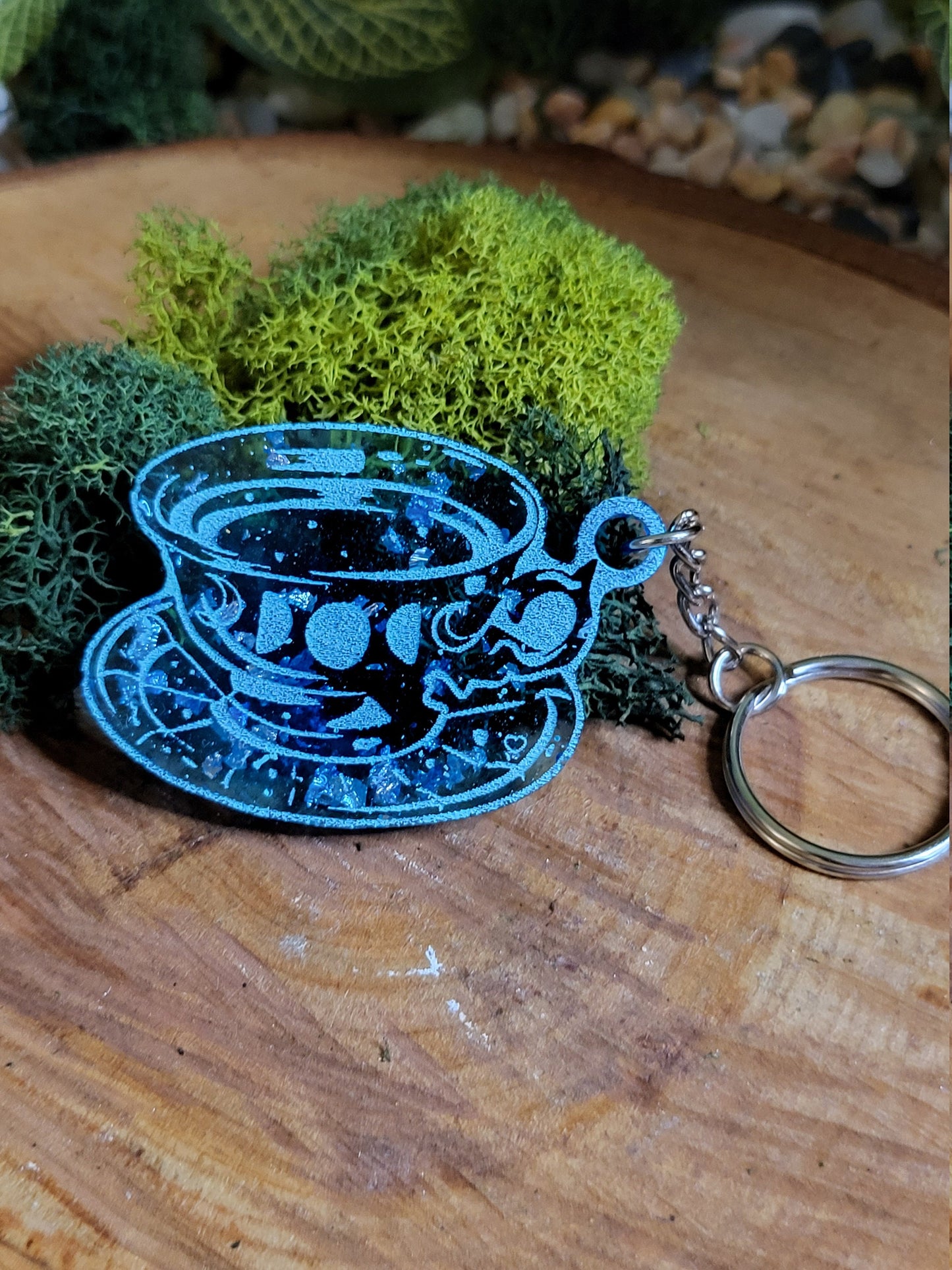 Blue and Faux Silver Flake Teacup Keychain