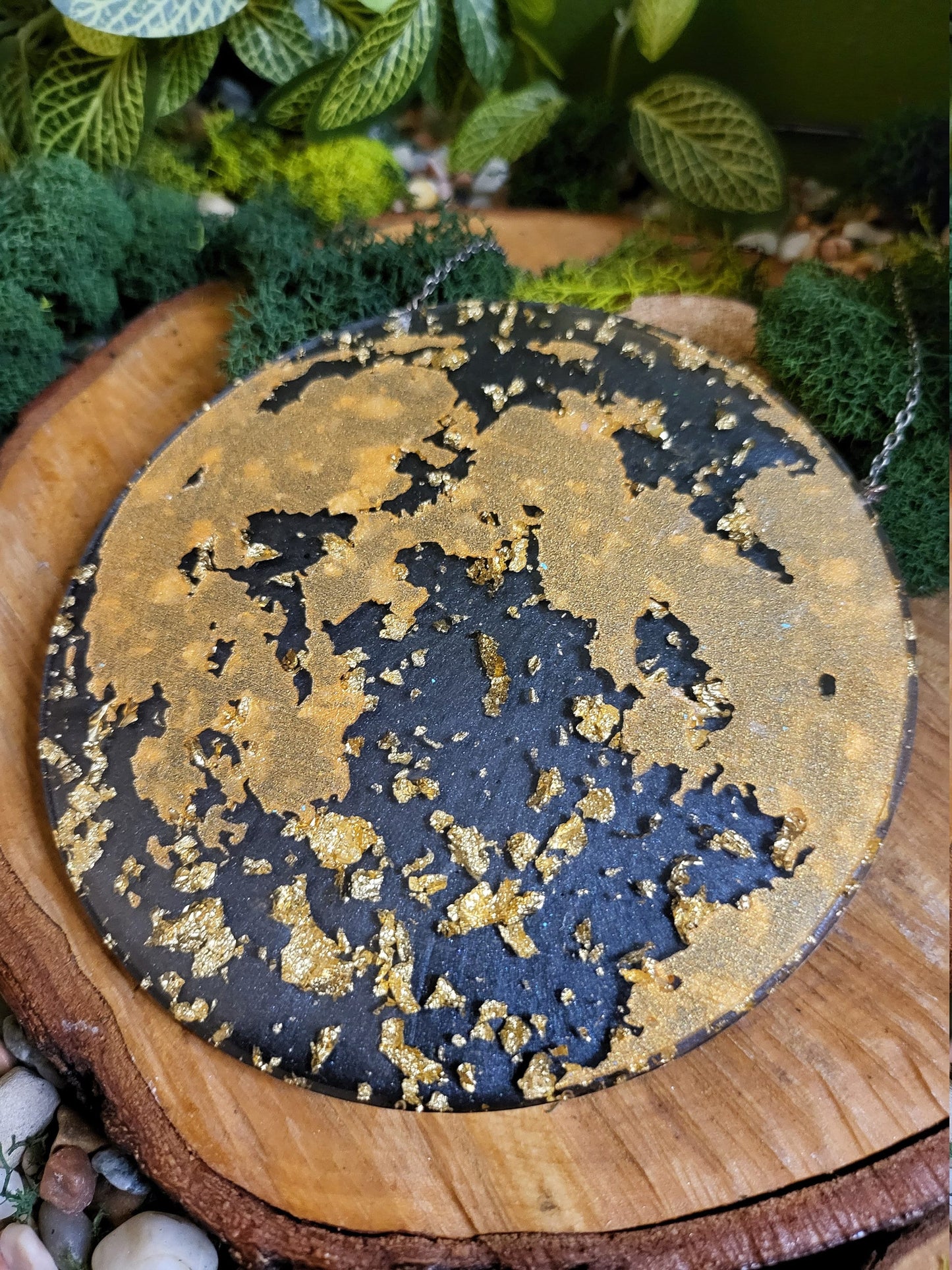 Black and Faux Gold Flakes with Gold Outline Full Moon Wall Hanging
