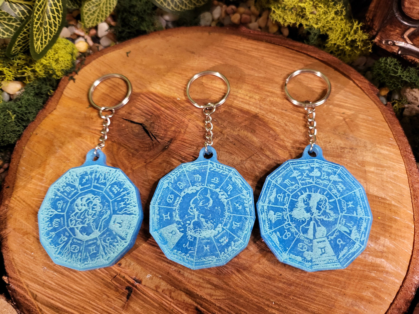 Teal Blue Astrological Wheel Keychains