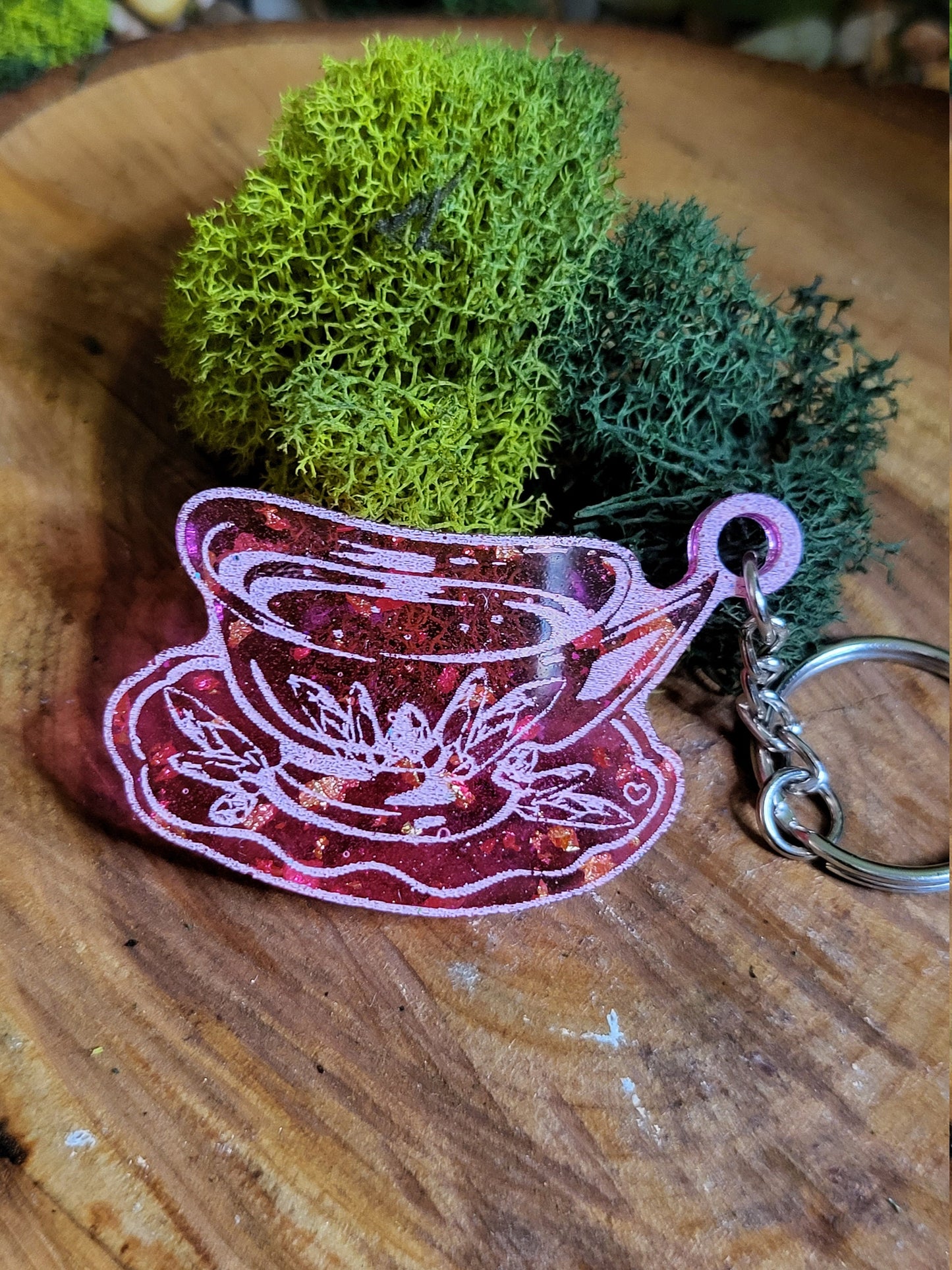 Pink and Faux Gold Flake Teacup Keychain