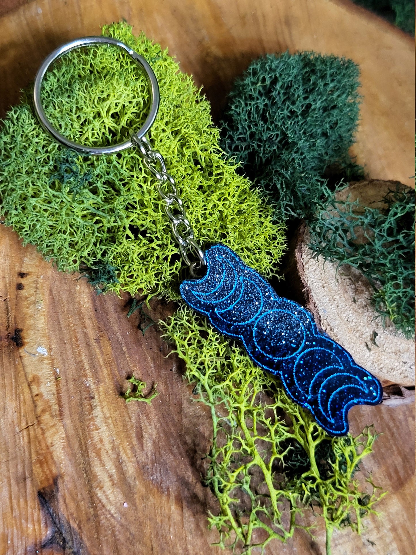 Blue Glitter Moon Phase Small Keychain