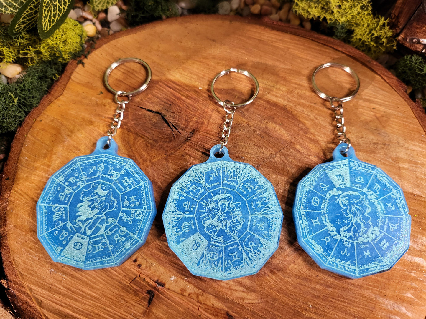 Teal Blue Astrological Wheel Keychains